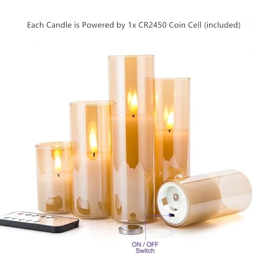 Eywamage 5 Pack Gold Glass Flameless Candles with Remote, Flickering Slim Tall LED Pillar Votive Candles Battery Included - color: Gold