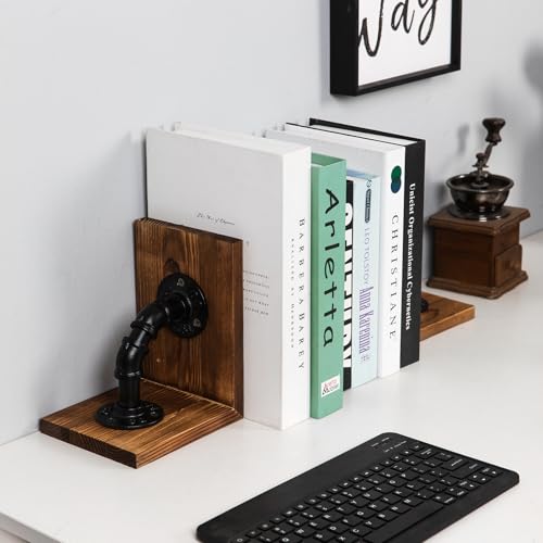 Rustic Decorative Wooden Tabletop Farmhouse Bookends for Heavy Books with Modern Industrial-Style Pipe Office Desktop Bookshelf Organizers Stoppers Holder Nonskid Shelf Decor 1-Pair (Brown) - color: Brown