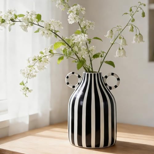 Modern Black and White Decor Striped Vase – Minimalist Funky Boho Home Accent Vase for Living Room Coffee Table Centerpiece, Office, Bookshelf, and Windowsill (B) - color: Black White