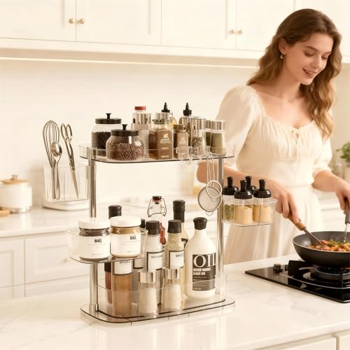 Rotating Makeup Vanity Organizer, Bathroom Countertop Cosmetic Skin Care Storage,Cosmetic Display Case with Brush Holder,for Skincare Perfume Cosmetics,Detachable Hanging Trays & Hooks