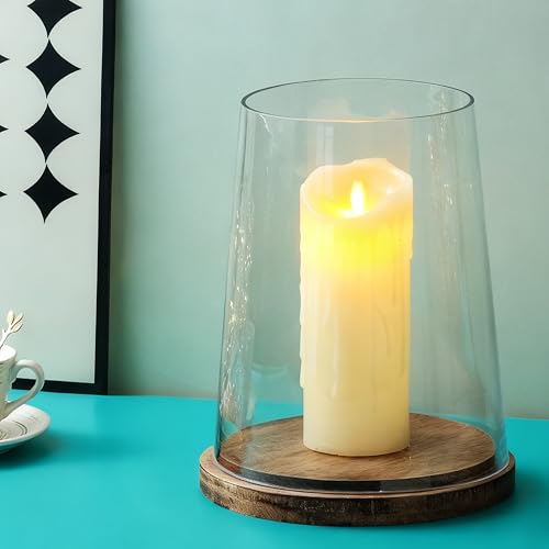 8" Wide Glass Hurricane Candle Holders with Handmade Sturdy Glass Sleeves and Vintage Natural Wood Base for Pillar Candle & Plants, Industrial, Farmhouse, Display Cloche Bell Jars, Table Centerpiece - color: Vintage Natural, size: 8.5"x11"