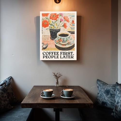 GELDSTEI Framed Retro Coffee Wall Art, Vintage Cafe Wall Decor, Coffee First People Later Canvas Painting, Classical Cafe Bar Poster Print for Kitchen Dining Room Home Office Ready to Hang 16x24 Inch - color: Retro, size: 24"L x 16"W