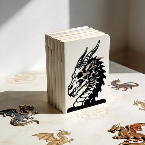 WADORN 1 Pair Fantasy Dragon Decorative Bookends, Gothic Dragon Bone Heavy Duty Metal Book Stands Black Novelty Non-Skid Book Stopper for Library Home Office Dorm Reading Room, 5.3x4.3x7.9 Inch - color: Fantasy Dragon Head