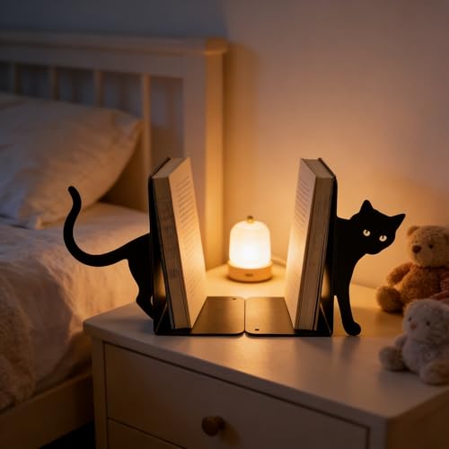Cute Cat Book Ends Cat Bookends for Shelves, Home Office Desk Gift for Cat Lovers and Reading Enthusiasts - color: Black