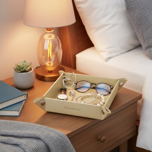 UnionBasic Small Valet Tray, Jewelry Tray for Rings Watches Earrings, Entryway Catchall Caddy for Coins Keys Change, Nightstand Bedside Valet Holder, Trays for Electronic Gadgets, Pale Gold - color: Pale Gold, size: 5.4" x 5.4" x 1.6"