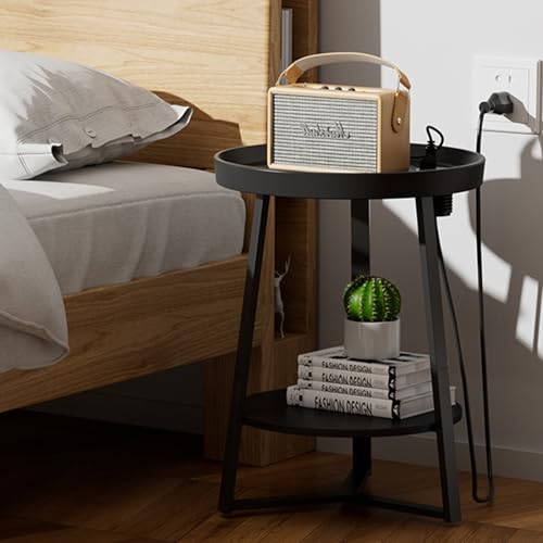 Gadroad Round End Table with Charging Station, USB Ports and Anti-Drop Fence, Wood Tabletop & Black Metal Frame, 2-Tier Side Table for Living Room, Bedroom, Black 15.7 * 15.7 * 23.0 inches - color: Black, style: with Charging Station