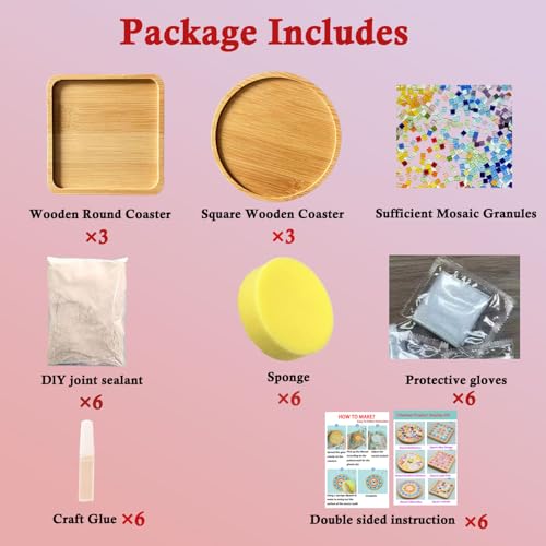 6 Sets DlY Mosaic Tiles for Crafts,Mixed Color Glass Mosaic Kits with Wooden Coaster for Adults,DlY Coasters Kit Mosaic Supplies for Handmade Home Decoration Gift (Round and Square) - style: Style 2