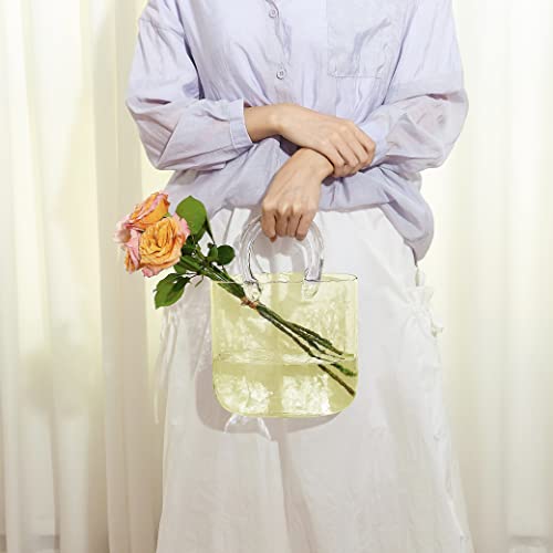 Thickened Glass Purse Vase for Flowers Gift Set-(Handmade 5mm Crystal-Unique Cute Clear Bag Vase with Reinforced Gift Box, Premium Table Centerpiece for Wedding/Mothers Day (Yellow) - color: Yellow