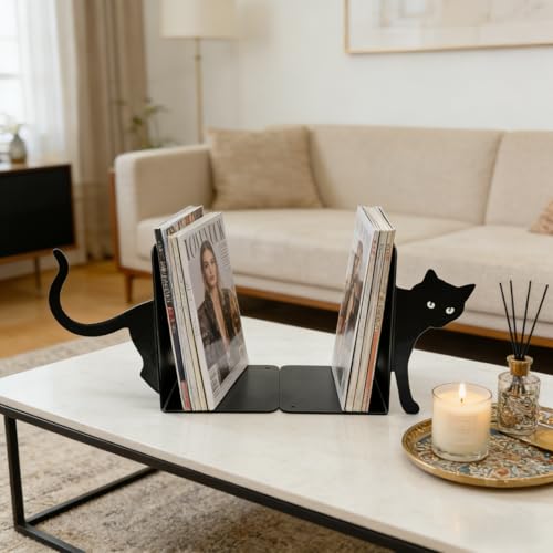 Cute Cat Book Ends Cat Bookends for Shelves, Home Office Desk Gift for Cat Lovers and Reading Enthusiasts - color: Black