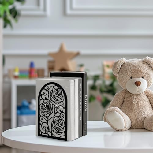 Peacoblue Metal Bookends for Shelves Decorative, Modern Creative Heavy Duty Study Bookends Stoppers Holder Stand for Desk Shelf, 5.3"x4.3"x7.9" Vintage Rose Book Ends Books Support, 1 Pair(Rose) - color: Vintage Rose