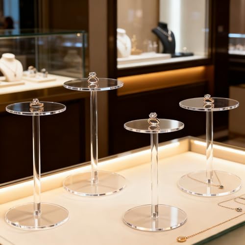4 Pack Round Acrylic Display Stands, 5.5-5.9-6.5-7in Small Clear Acrylic Display Risers, Plastic Clear Pedestal Set for Gem Jewelry Display, Cupcake Party Table Decor
