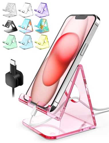TOPGO Acrylic Cell Phone Stand, Clear Phone Holder for Office Desk, Vanity, Kitchen Counter, Bedside Table, Compatible with iPhone 17 16 15 14 13 12 Pro Max Plus/Smartphones/iPad/Switch/Kindle(Pink) - color: Clear Pink