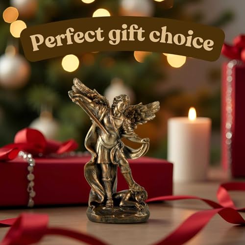 St. Michael The Archangel Statue – Bronze Resin Religious Figurine Depicting Saint Michael Defeating Evil – Christian Catholic Angel Sculpture for Home, Office, and Prayer Decor - size: 3.54 × 1.65 × 5.32 inches