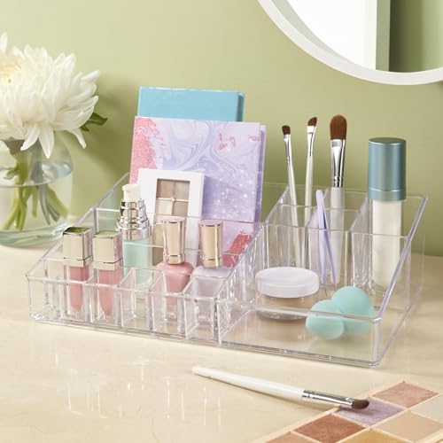 STORi Audrey Clear Vanity Makeup Organizer | 15-Compartment Holder for Brushes, Eyeshadow Palettes, & Beauty Supplies | Stacks on Audrey Storage Drawers | Made in USA - style: Cosmetic Organizer Topper