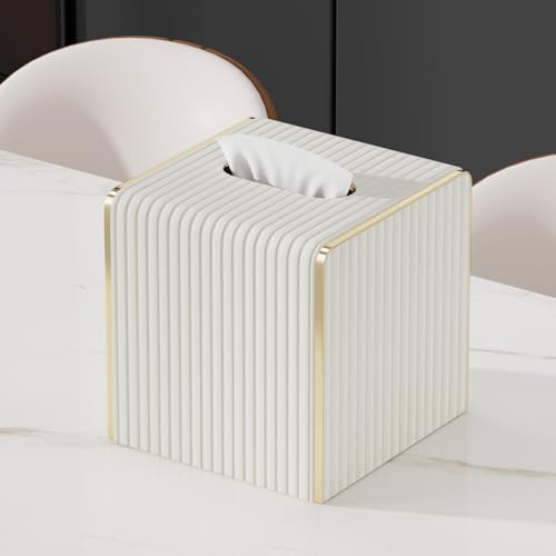 Tissue Box Cover,White Square Leather Tissue Box Holders with Gold-Tone Edging Decoration, Tissue Vessel for Bathroom Toilet Bedroom Living Room Table Desk Office,Modern Home Decor - color: Cream White, size: Square Standard