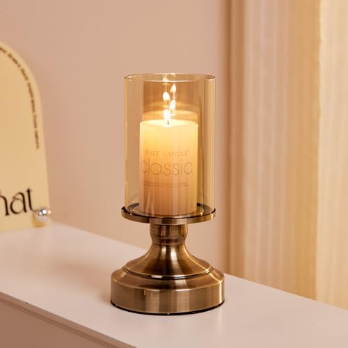 Brass Hurricane Candle Holder with Glass Lid, Anti-Tip Pillar Candle Holder for Wedding Dining Party Table Centerpiece, Elegant Home Decor