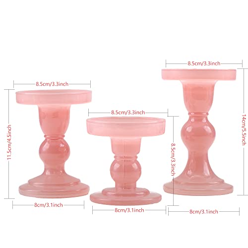 GMWD 3 Pcs Glass Candle Holder Set Clear, Pink Candlesticks Holders Pillar Taper Candles Tealight Stand for Wedding Centerpieces Home Decorations Dining Table - color: Pink