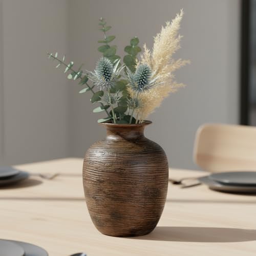 Rustic Ceramic Vase for Flower, Dark Brown Farmhouse Vases Home Decor, 7 inch Terra-Cotta Decorative Vases for Nightstand, Bookshelf, Office Desk, Kitchen Table Decor - color: Dark Brown