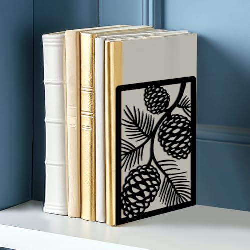 2 Pcs Decorative Metal Bookends, Pinecone Design Book Ends for Shelves Black Heavy Duty Book Stopper Suitable for Home Office School - style: Pinecone