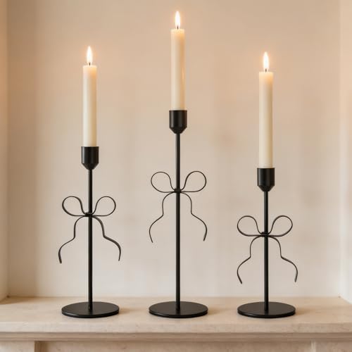 Bow Candle Holder - Bow Candlestick Holder Set of 3 Metal Gold, Modern Decorative Taper Candle Holder for Centerpiece Wedding Dining Table Holiday Housewarming Gift (Black)