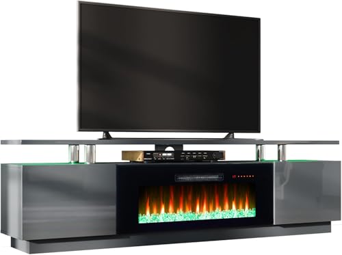 AMERLIFE Fireplace TV Stand with 40" Fireplace, 80" Modern Fireplace Entertainment Center LED Lights, 2 Tier TV Console Cabinet for TVs Up to 90", Grey - color: Grey, size: 80"