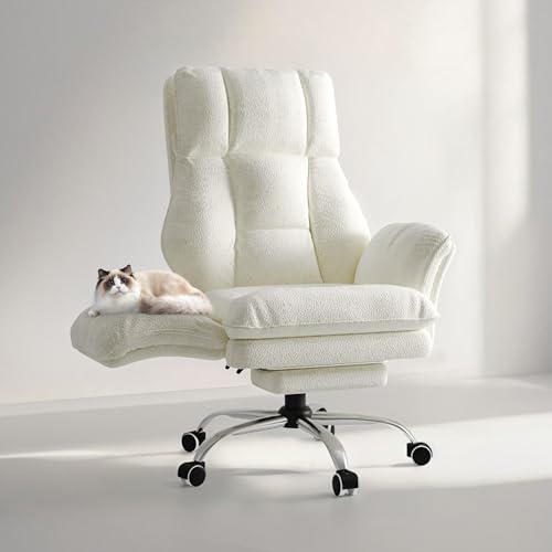 Big and Tall Office Chair, Flip Armrests for Pets & Cross Legged Sitting, Executive Ergonomic Computer Gaming Chair with Foot Rest, Teddy Fleece Wide Seat Reclining Desk Chair, White Vanity Chair - color: White