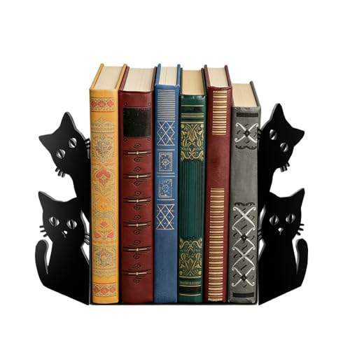 Peeking Cat Metal Bookends - Cute Book Ends for Heavy Novels Books, Geometric Pattern Book Holders for Shelves, Black Matte Decorative Cat Bookends for Office, Home, Library & Nursery - color: Type-5