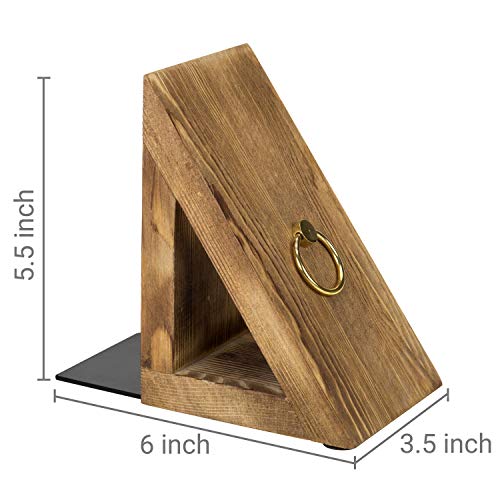 MyGift Brass Wood Decorative Bookends Triangular Design, Office Desk Wooden Book Ends, Book Stand for Shelves with Tone Ring Accent, Rustic Burnt - color: Burnt Wood Triangular