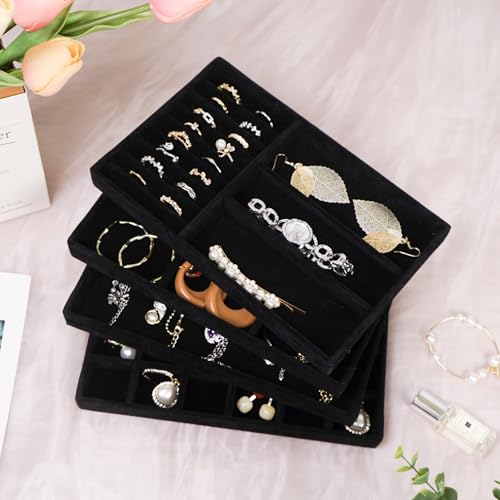Cirhy 4 Stackable Jewelry Trays Organizer Set for Drawer, Jewelry Organizers and Display Case Storage, Velvet Drawer Inserts Organizer for Necklace Bracelets Earrings Organizer, Gift For Her, Black - color: black