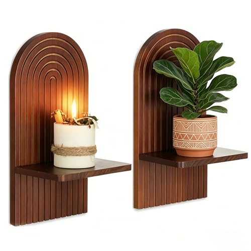 Mid Century Modern Candle Sconces: Set of 2 Walnut Boho Wall Candle Holder Decor for Living Room Fireplace - Arch Candle Shelf for Plants Pillars Candles - color: Walnut Color
