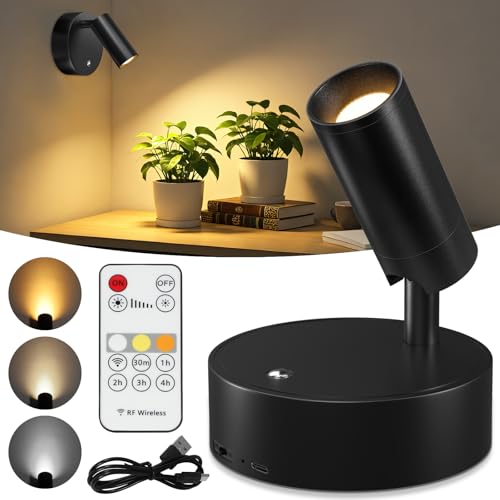 Kimjo Spot Lights Indoor, 4000mAh Rechargeable Battery LED Spotlight Indoor with Remote, Wireless Picture Lights with Timer Dimmable, Uplighting for Plant, Wall Art Display - color: Black