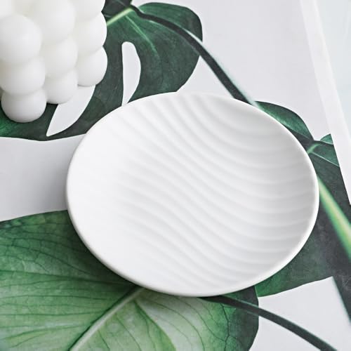 Chic Round Soap Dish, Modern Minimalist Striped Design Ceramic Tray(White) - color: White