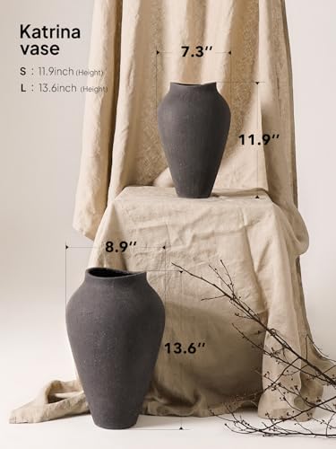 Ceramic Vase - Large 11.8 Inch Tall Floor Vase for Centerpieces, Farmhouse Flower Vases, Rustic Minimalist Home Decor for Living Room, Enterway, Wedding (Sandstone Dark Gray) - color: Sandstone Dark Gray, size: 11.8 Inch
