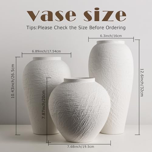 Vintage Ceramic Vase, Minimalist Texture Stone Patterned White Flower Vase, Decorative Vase for Living Room Shelf Farmhouse Dining Table Centerpiece Decor (White Texture 12.6'') - size: White Texture 12.6''