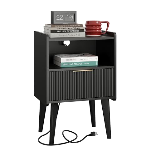 YAUKOMEL Fluted Nightstand with Charging Station, Modern Bedside Table with Drawer,Black Nightstand with Solid Wood Legs, End Table,Side Table for Living Room,Bedroom Black CTG57BKE - color: Black With Charging Station