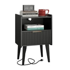 YAUKOMEL Fluted Nightstand with Charging Station, Modern Bedside Table with Drawer,Black Nightstand with Solid Wood Legs, End Table,Side Table for Living Room,Bedroom Black CTG57BKE - color: Black With Charging Station