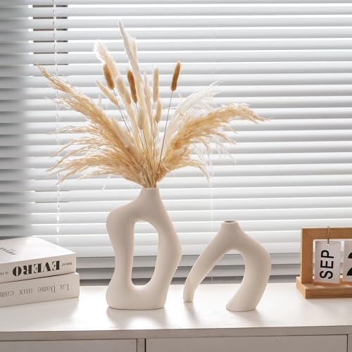 Ceramic Vase Set of 2, White Decorative Aesthetic Flower Vase for Home Décor Modern Minimalist Table, Fireplace, Shelf, Mantel, Entryway Centerpieces - color: Matte Pure White