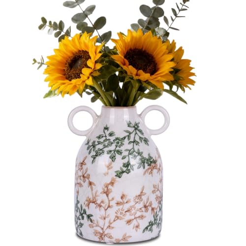 Vintage Green Floral Ceramic Vase with Handles – French Country Crackle Glaze Jug Flower Vase for Farmhouse Kitchen, Entryway Table, or Living Room Decor (Green Floral) - color: Green Floral