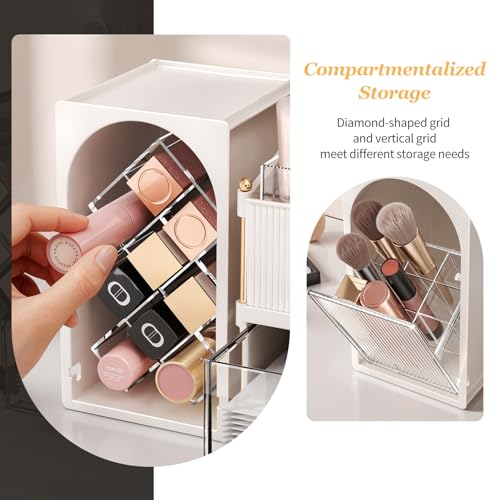 INVSSENE Stackable Makeup Organizer Countertop, Storage Perfume Skincare Cosmetic Lipstick Face Mask Makeup Brush Palettes, Ideal for Vanity Bathroom Counter - color: 3516 White+Clear