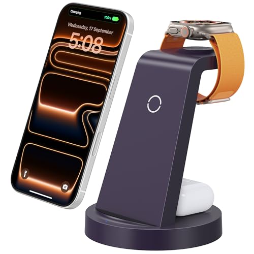 Anlmz 3 in 1 Charging Station for iPhone - Wireless Charger for Apple Products Multiple Devices - Charging Dock Stand for AirPods (for iPhone 17 16e 16 15 14 13 pro 12 11 X Max) - color: Purple