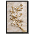 Luxury White Magnolia Flower Wall Art Gold Branch Crystal Accents Elegant 3D Floral Sculpture for Living Room Bedroom Home Decor (Black Framed,12”LX16 W)