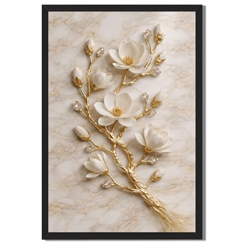 Luxury White Magnolia Flower Wall Art Gold Branch Crystal Accents Elegant 3D Floral Sculpture for Living Room Bedroom Home Decor (Black Framed,12”LX16 W)