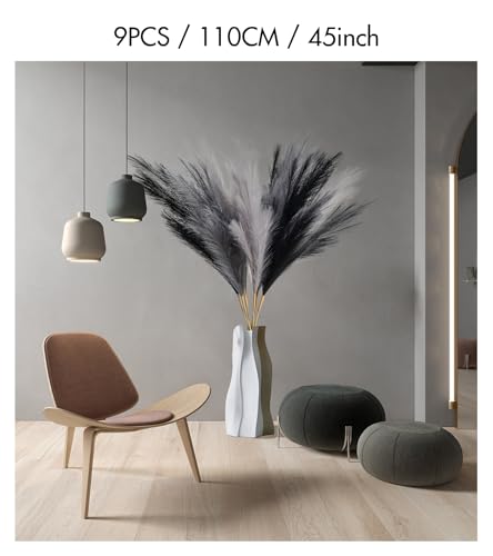 SeptCat 9 Pcs 45" Faux Dried Pampas Grass Tall Decor, Fluffy Fake Long Pompas Artificial Black Grey Gray Pompous Stems Bouquet Flower Arrangement Vase Filler for Boho Home Wedding Decoration