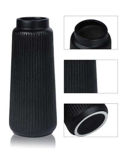 Black Ceramic Vase, 8 Inch Conical Flower Vase for Pampas Grass, Modern Minimalist Ribbed Decorative Vase for Living Room Table, Shelf Decor - color: Matte Black03