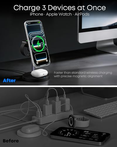 3 in 1 Magnetic Wireless Charging Station, 15W Fast Charger Stand for iPhone, Phone Charger Stand for Desk Nightstand, for iPhone 17/16/15/14/13/12, Apple Watch & AirPods, 18W Adapter Included -Black - color: Black