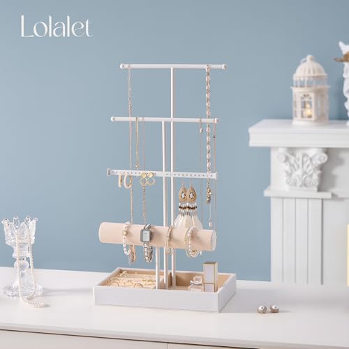 Lolalet Jewelry Holder Tree with Velvet Tray, 4 Tiers Necklace Display Stand Rack with Ring Slots Organizer for Earrings Bracelets Bangles Ring, Valentine's Day Gift -White - color: White
