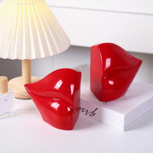 Red Lips Decorated Bookends，Set of 2 Heavy Decorative Book Stoppers，Unique Resin Decoration，Creative Desktop Red Decor for Study Room Hotel Office Shelves - color: Red Lips