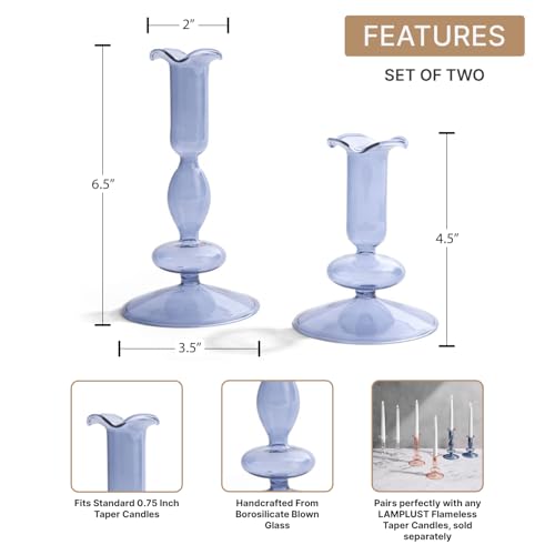LampLust Taper Candle Holders, Set of 2 Blue Candle Holders, 4.5 & 6.5 in Glass Candle Holder, Fits Standard Taper Candles, Candle Sticks Holder Decor for Table Centerpieces, Coffee Table Decor