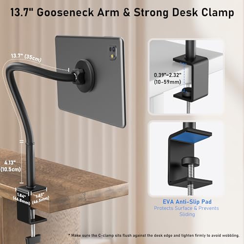 Magnetic Gooseneck Tablet Holder, iPad Desk Clamp Mount for Bed & Desk, 360 Degree Adjustable Arm, Compatible with MagSafe,Fits 4.7"-13.5" Devices, Phones, iPad Pro/Air/Mini, Kindle Fire, Galaxy Tab