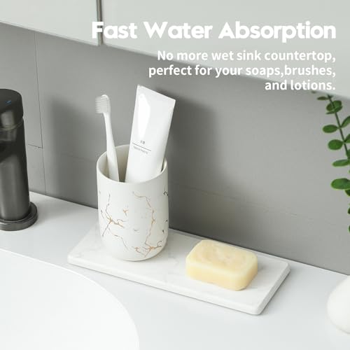 2PCS Water Absorbing Stone Drying Tray for Kitchen Counter, Diatomite Mat Vanity Caddy for Bathroom Sink, Faucet Splash Guard,Soap Dispenser Rack Sponge Holder Organizer, Marble White, 9"x3.5" - color: 2 Pack - Marble White, size: 9" x 3.5"